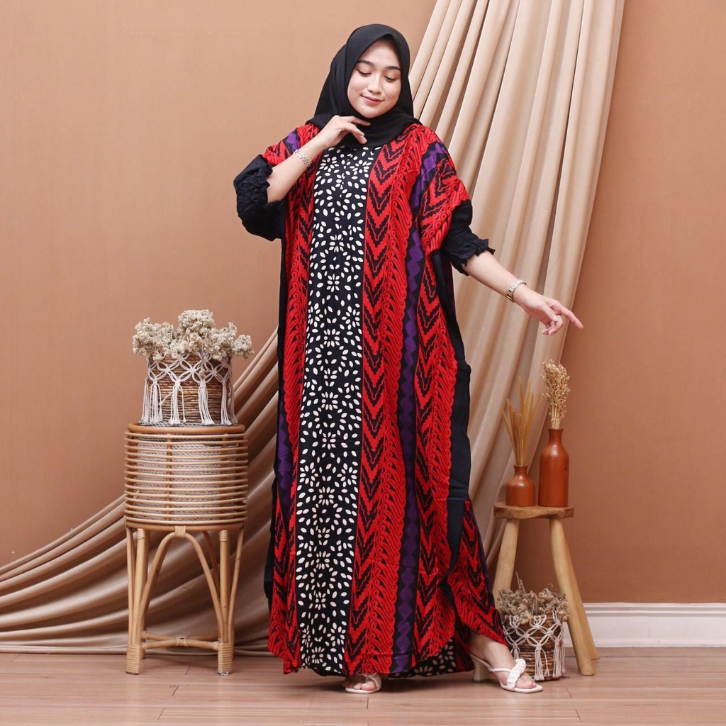 Kaftan Jumbo Daster Kaftan LD 150 Cm Panjang 135 Cm Resleting Depan Busui Kain Santung Tebal Lengan 