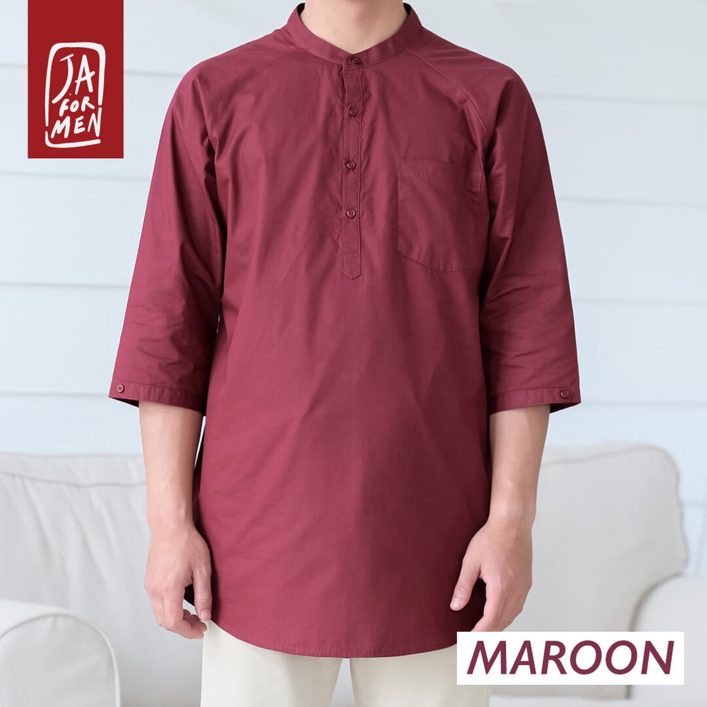 Baju Koko Kurta Pakistan Maroon - Lengan Raglan 3/4 - Bahan Katun Poplin - JA For Men