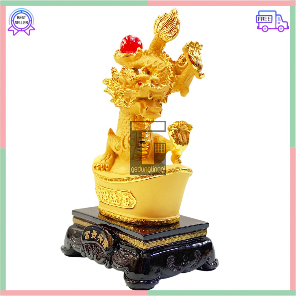 Pajangan Patung Hiasan Imlek Rejeki 12 Shio Naga Yenpao Fengshui Lucky Uang Emas Gold Besar XL Resin