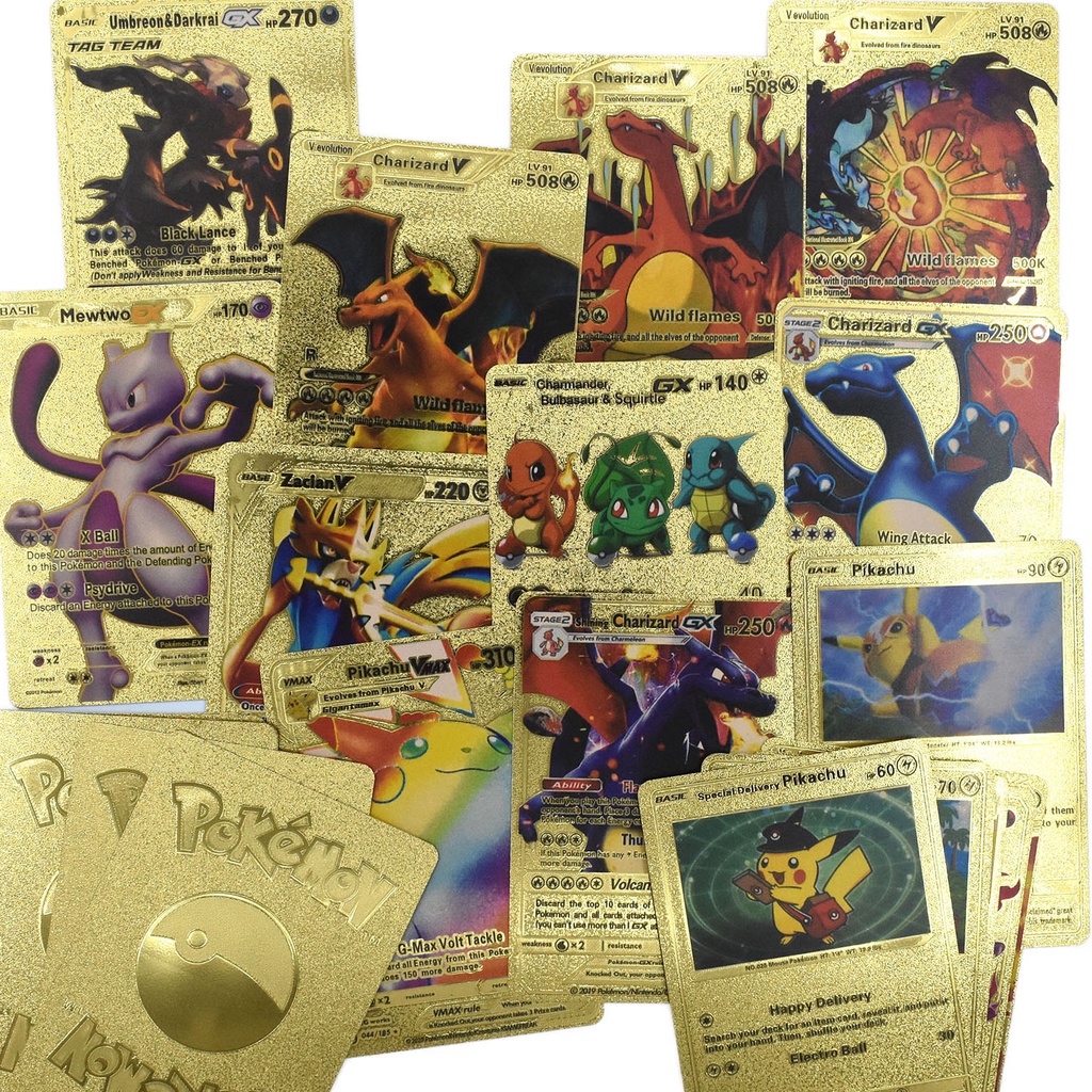 55 Pcs Rainbow foil Emas Kartu Logam Pokemon Versi Inggris Charizard Pikachu Trainer Card Koleksi Permainan Mainan Battle Trainer Cards