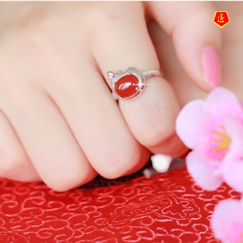 [Ready Stock]Chinese Zodiac of Rooster Simple Red Agate Open Ring