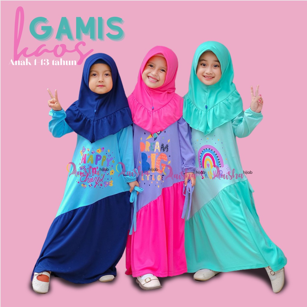 Gamis Anak Perempuan Umur 3-13 Tahun Bahan Kaos Combed Polos Kombinasi Terbaru