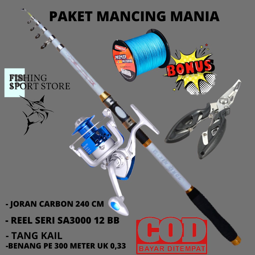 Set Pancing Kolam Galatama danau Joran Carbon 240Cm Reel Spinning 12 Ball Katrol SA3000 COD