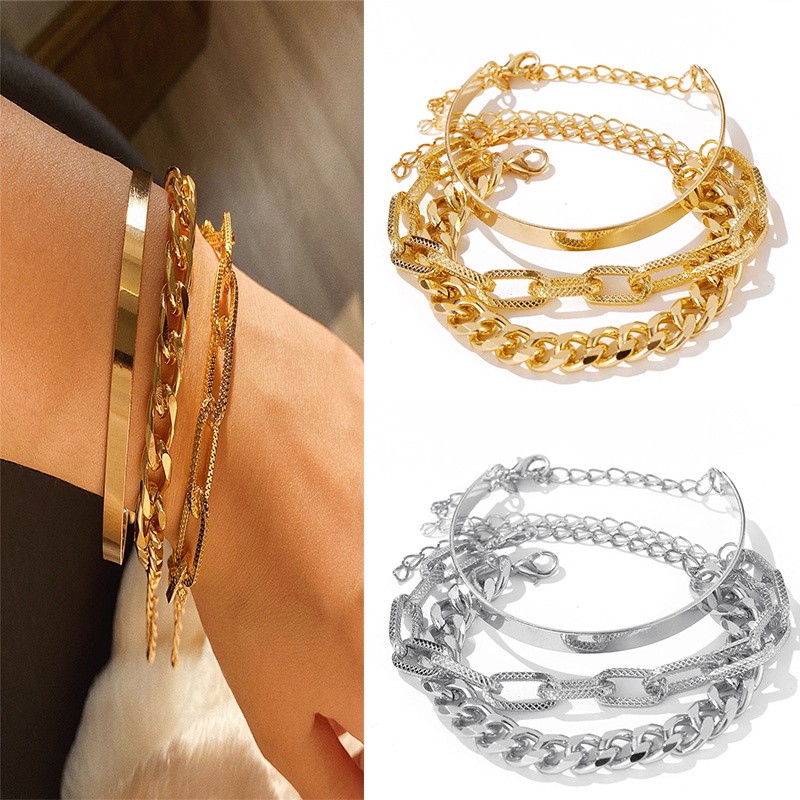 3 Pcs/set Gelang Punk Berlebihan | Emas Perak Wanita Perhiasan Tangan Hip Hop Metal Chain Set