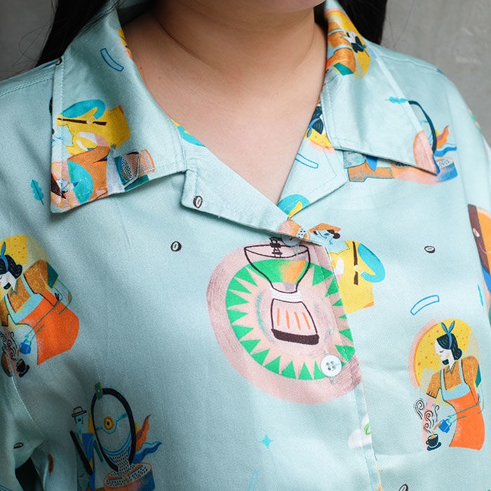 Otten - Kemeja Bowling Neck Shirt (Light Green) - Size - XL-1