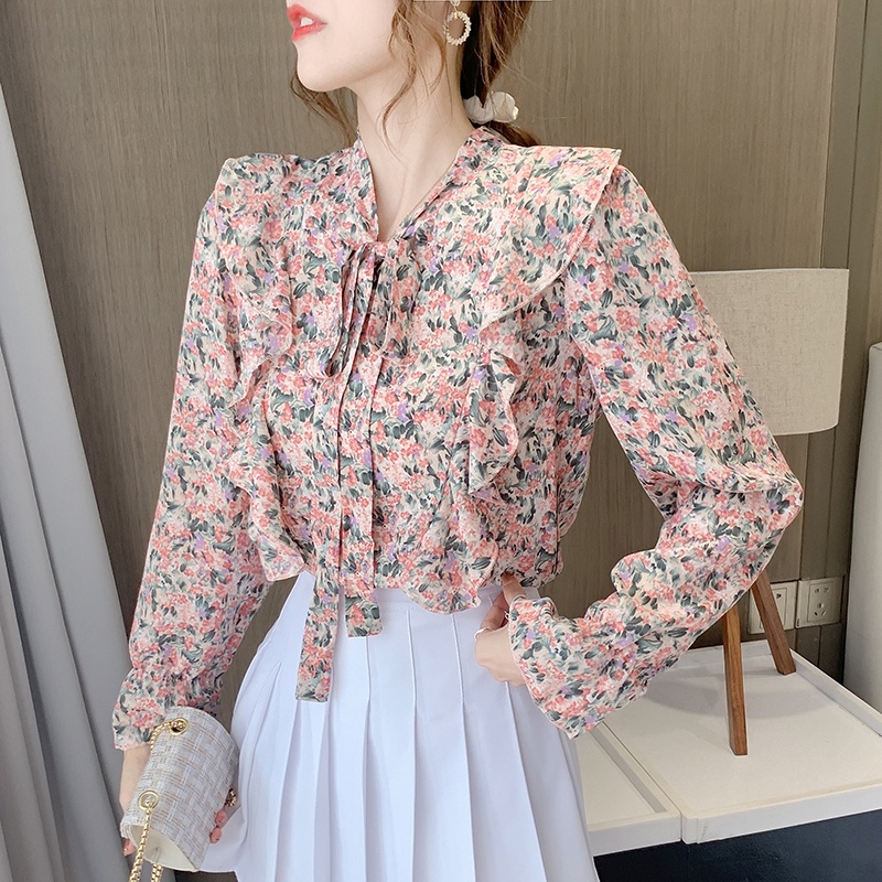 Fashion Korea Style Lengan Panjang Blus Wanita Musim Panas Casual Blouse Motif Bunga Bahan Sifon Warna Pink Atasan Kemeja Wanita