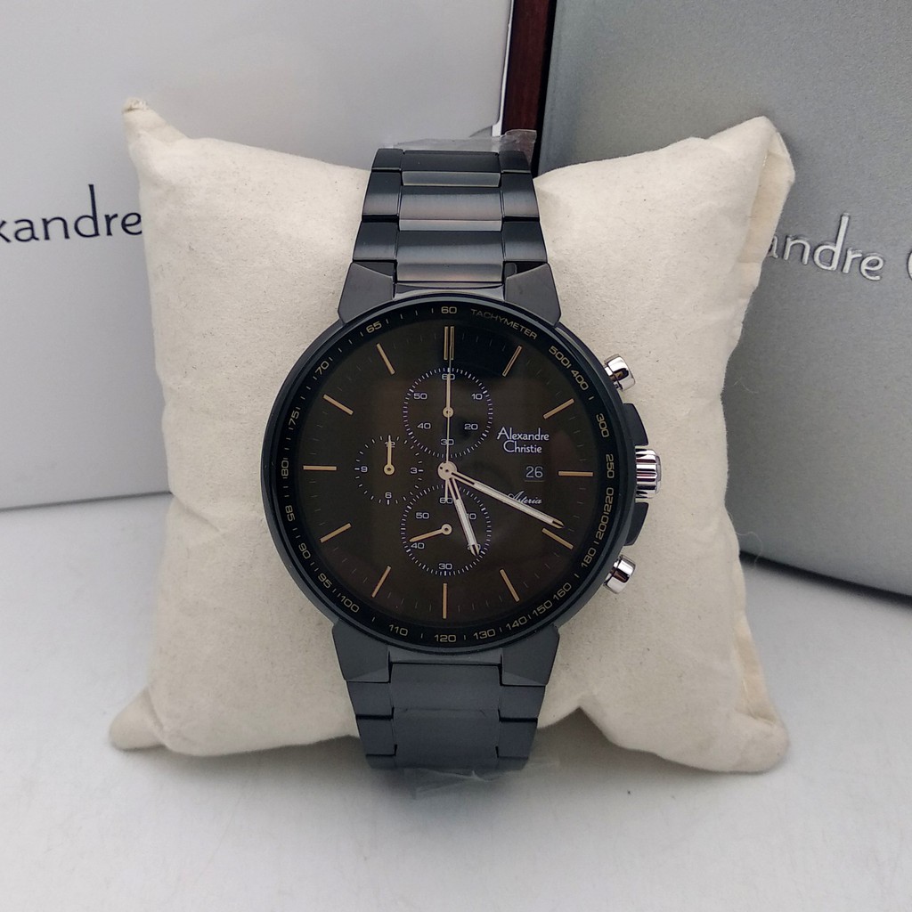 Alexandre Christie AC 6462 Black Silver rantai Black for Men Original