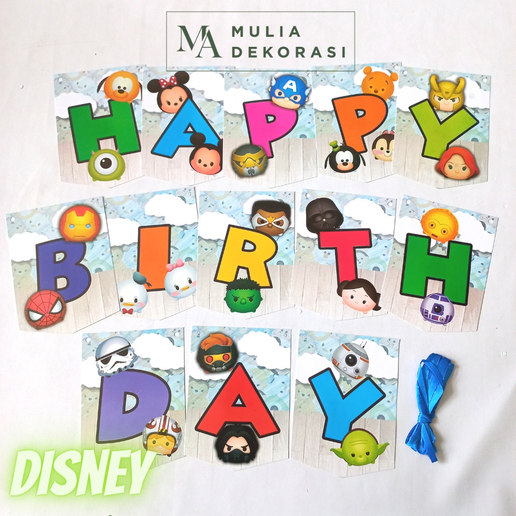 Bunting Flag Banner Happy Birthday 1 Set Motif Karakter Anak Lucu Disney Sapiderman Tayo Doraemon Baby Shark Kuda Poni