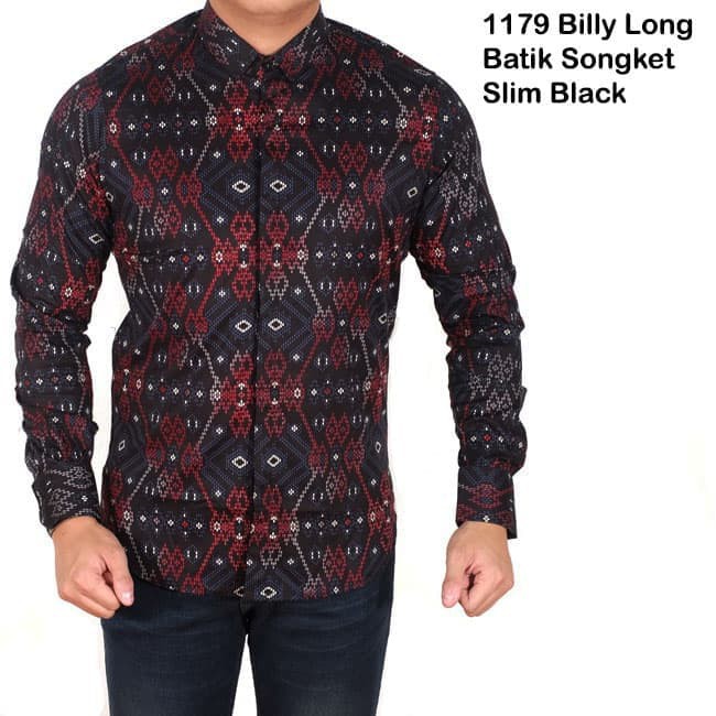 Trendi 2018 kemeja pria polos hitam kombinasi batik tribal lengan panjang