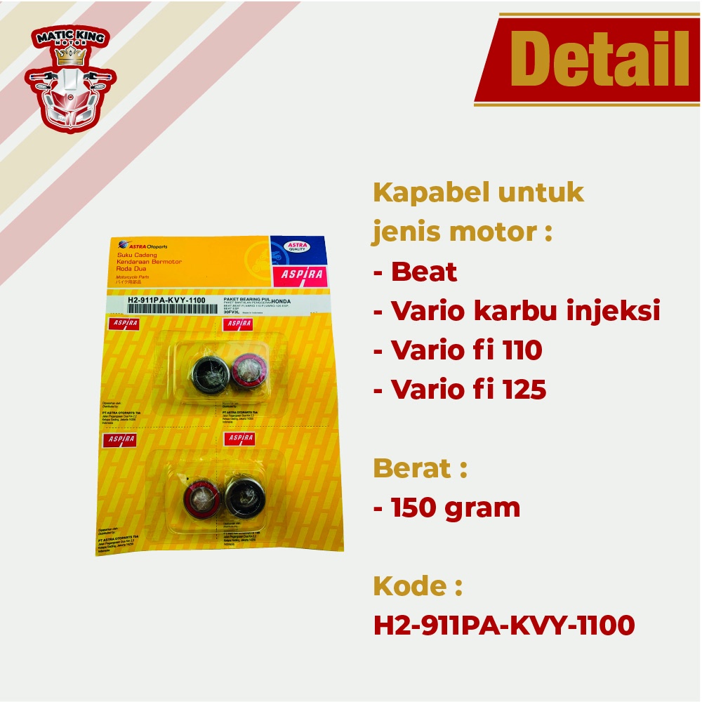 Bearing laher bambu pully puli pulley Beat Vario karbu injeksi fi 110 125 Aspira Astra Otoparts H2-911PA-KVY-1100