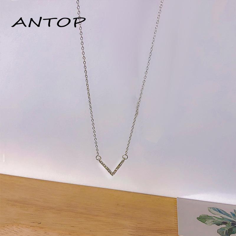 Kalung Rantai Sterling Silver 925 Dengan Liontin Kristal Zircon AAA Bentuk V Untuk Wanita