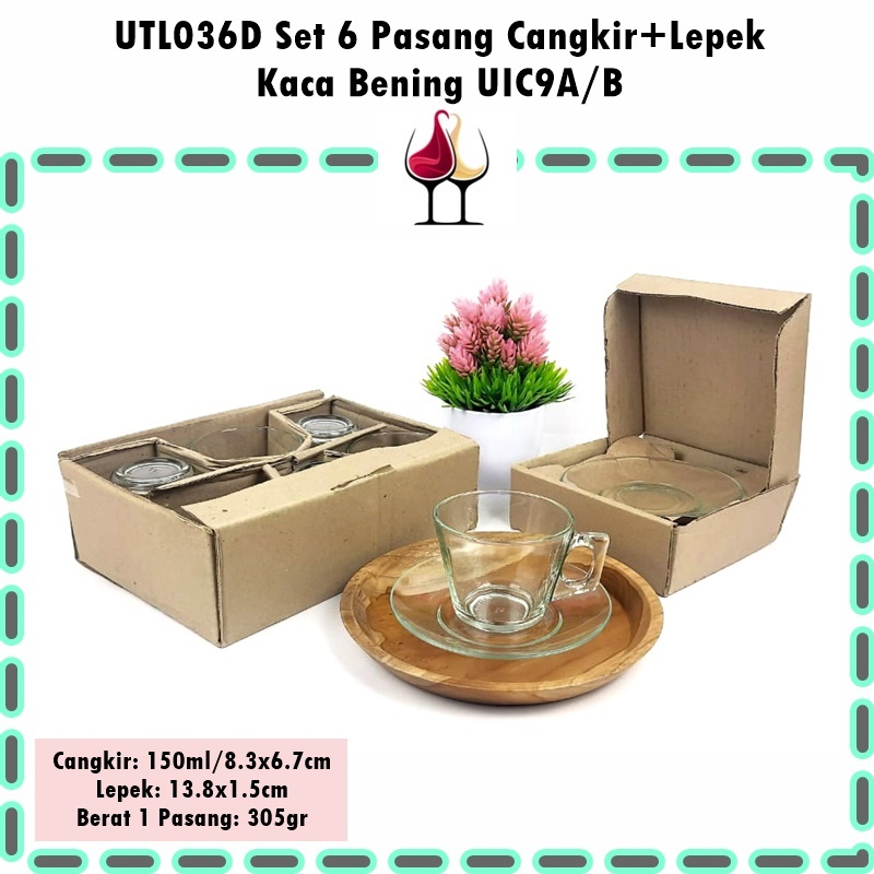 [Set 6 Pasang] UTL036D Cangkir Lepek Kaca Bening UIC9A/B