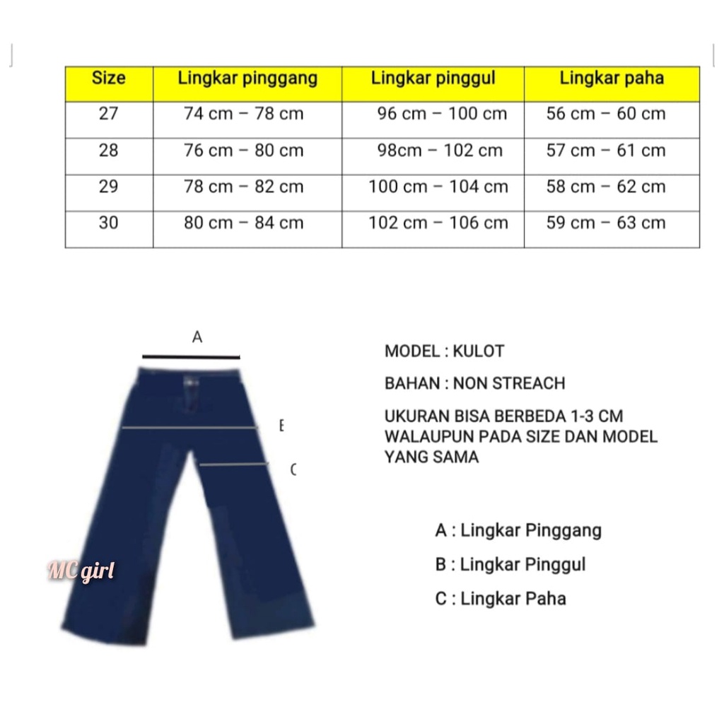 ( Size 27 - 30 ) MC girl Celana Jeans Premium Kulot Panjang / Kulot Jeans Wanita