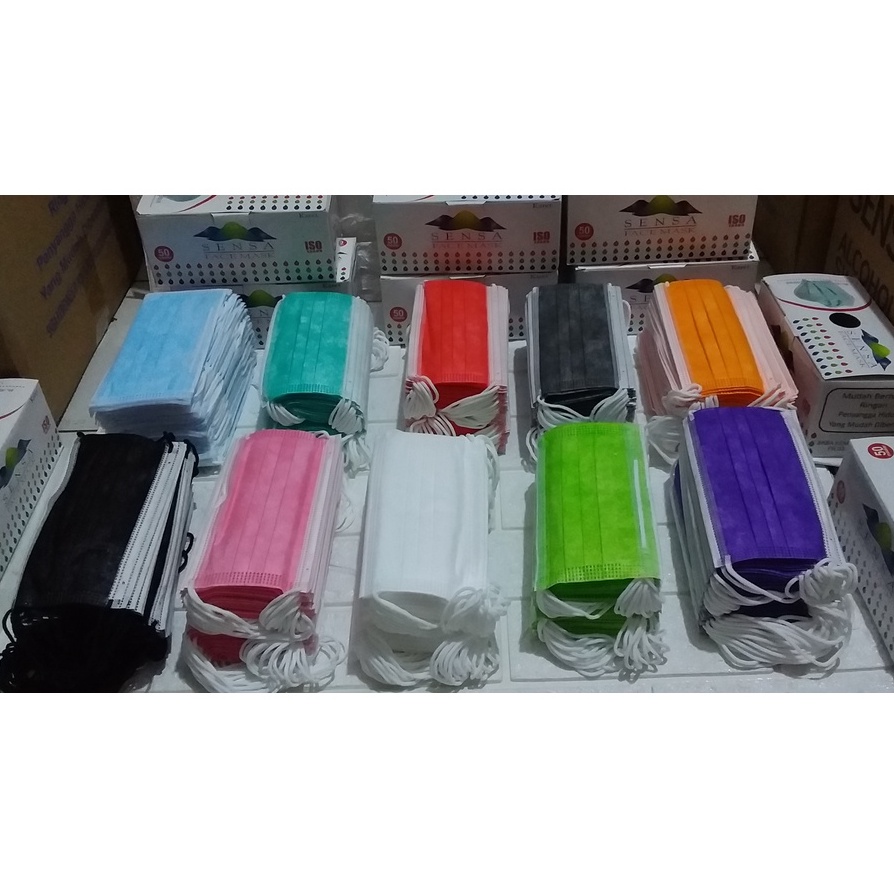 MASKER POLOS WARNA 3PLY ISI 50