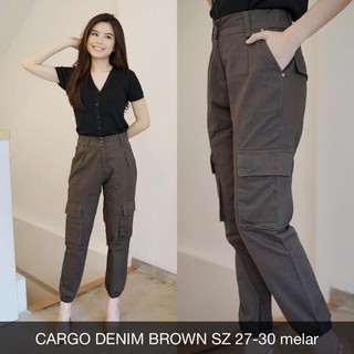 CELANA PANJANG WANITA CARGO DENIM TWILL PANTS warna  mocca  