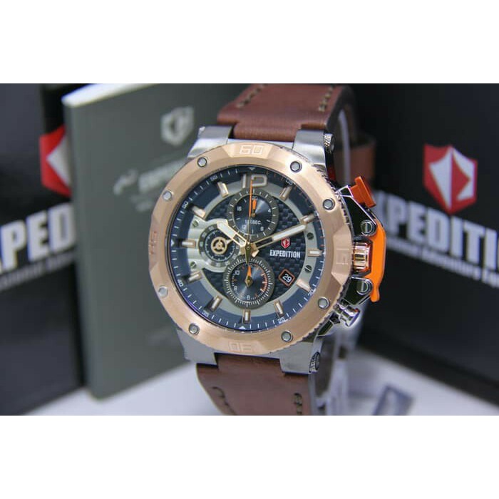 JAM TANGAN EXPEDITION WATCH 6751 PRIA ROSEGOLD BLACK RING GOLD LEATHER BROWN