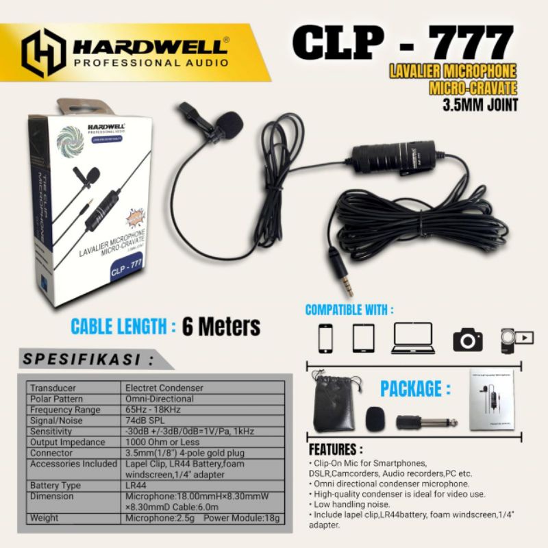 mic kabel clip on HARDWELL CLP-777 ORIGINAL PANJANG KABEL 6 METER