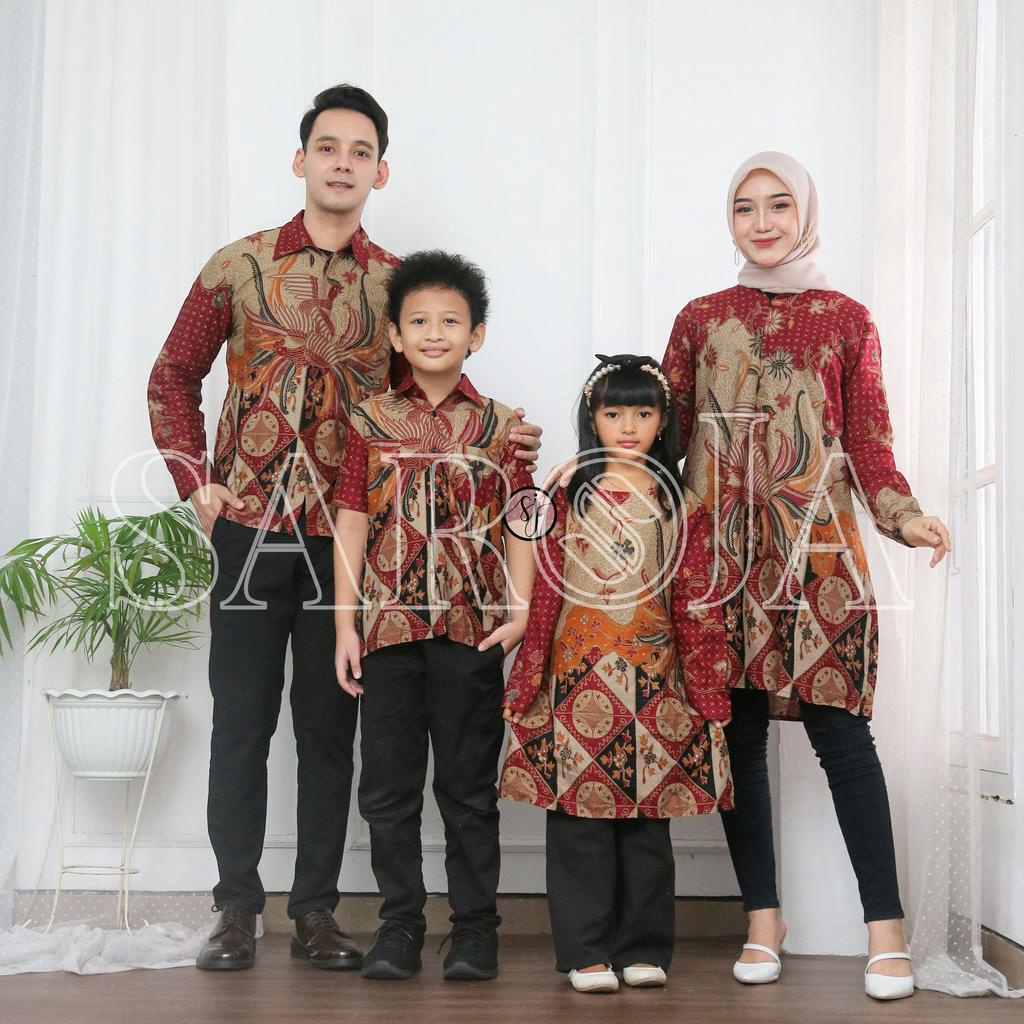 SAROJA | Couple Tunik Keluarga Alisa Merah | Couple Tunik Batik | Couple Tunik Pasangan | Couple Tunik Ibu Anak Perempuan | Dress Lengan Panjang