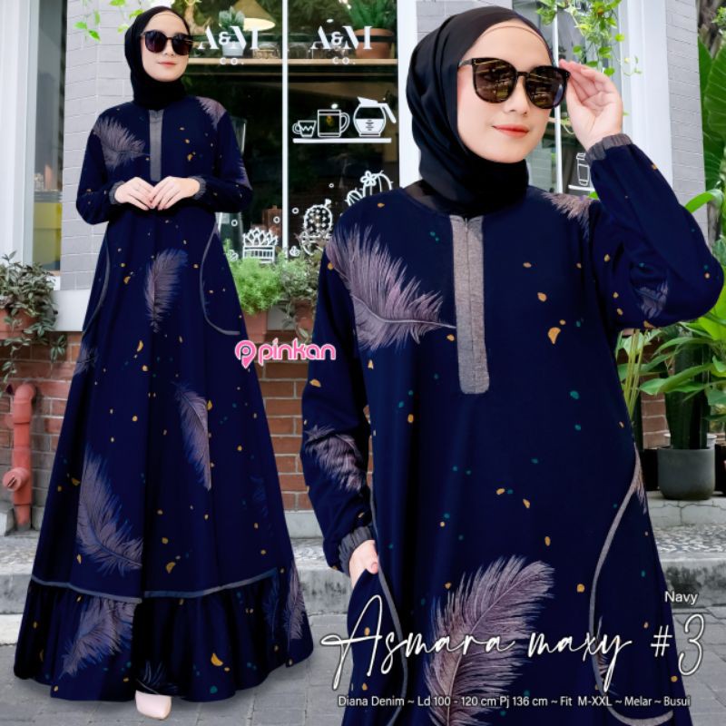 Asmara Maxy #3/ Dress Diana Denim Maxy Motif Daun Fit Jumbo/ Original Brand By Pinkan