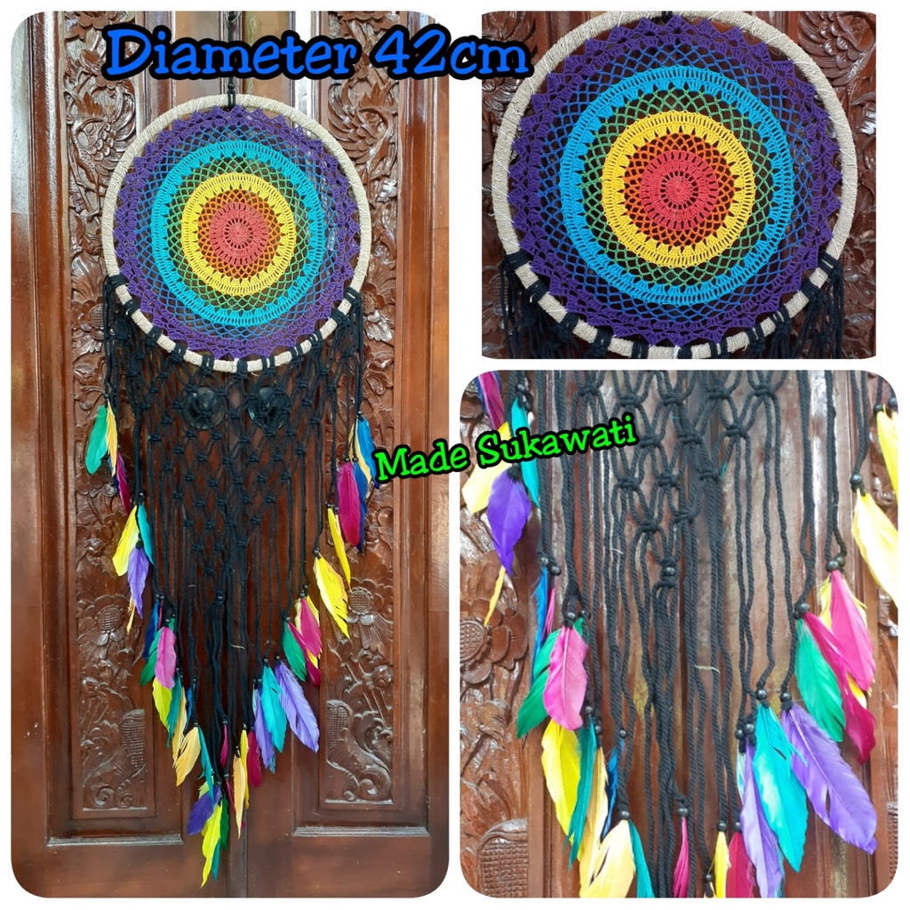 Dream catcher pelangi rasta 42cm lilit sulam rajut hiasan dekorasi