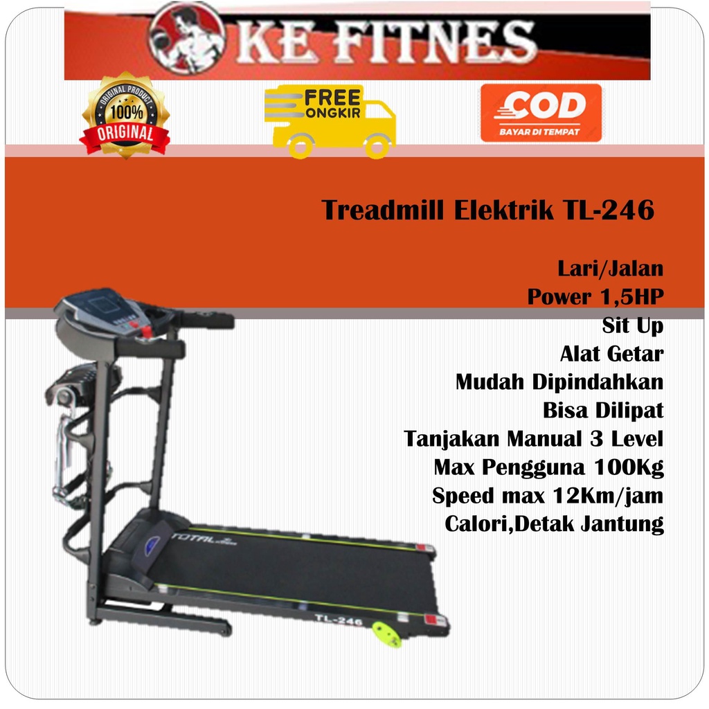 Alat Fitness Lari Alat Olahraga Lari Treadmill Elektrik TL246 Treadmill Listrik, Treadmill Total Fitness, Alat Olahraga Treadmill, Alat Olahraga Wanita, Alat Olahraga di Rumah,