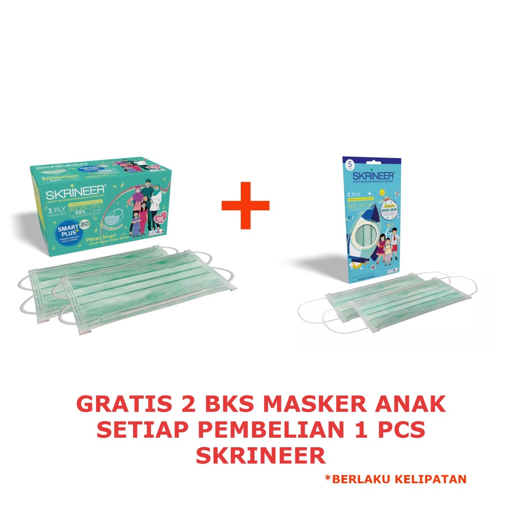 FREE 2 PACK MASKER ANAK (Isi 50 pcs - 3 ply) Masker Skrineer Smart Plus Hijab Green - Masker Kesehatan / Kekinian