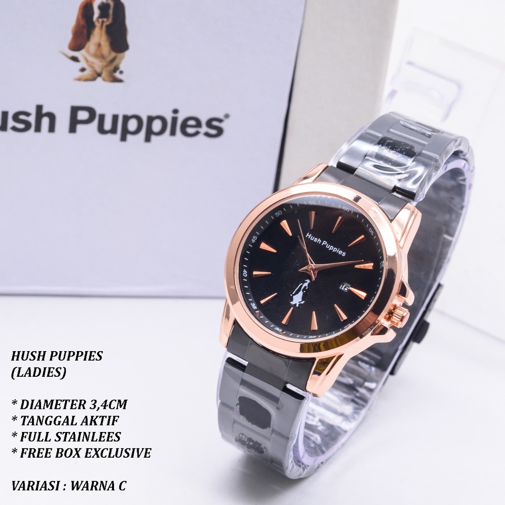 (FREE BOX) JAM TANGAN WANITA HUSH PUPPIES RANTIA BODY BULAT TANGGAL AKTIF