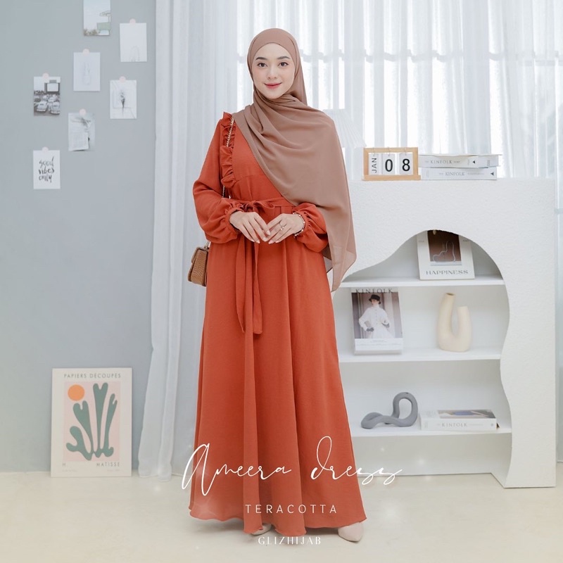 GlizHijab | Ameena Dress | Gamis Remaja Muslimah Terbaru Fashion Wanita Gamis Cringkle Ukuran XS - JUMBO-Teracotta