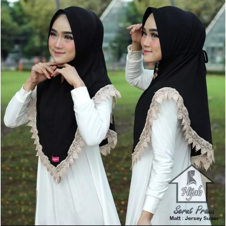 Jilbab Instan Serut Prada Renda Import Jersey Super Premium Model Bergo Terbaru-Hitam