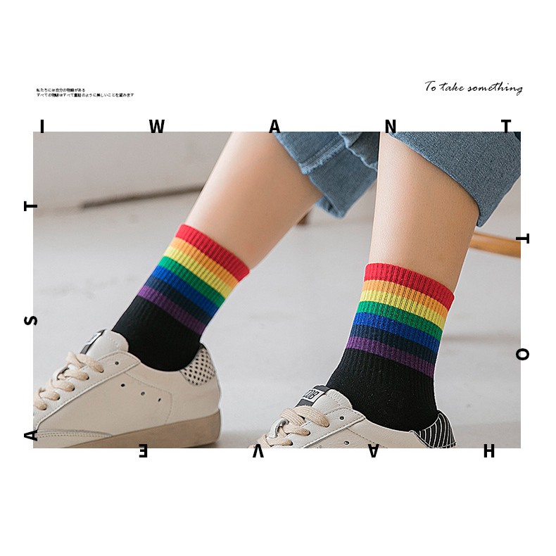 KK-50 kaos kaki wanita cotton tebal olahraga casual strip rainbow pelangi socks import jepang