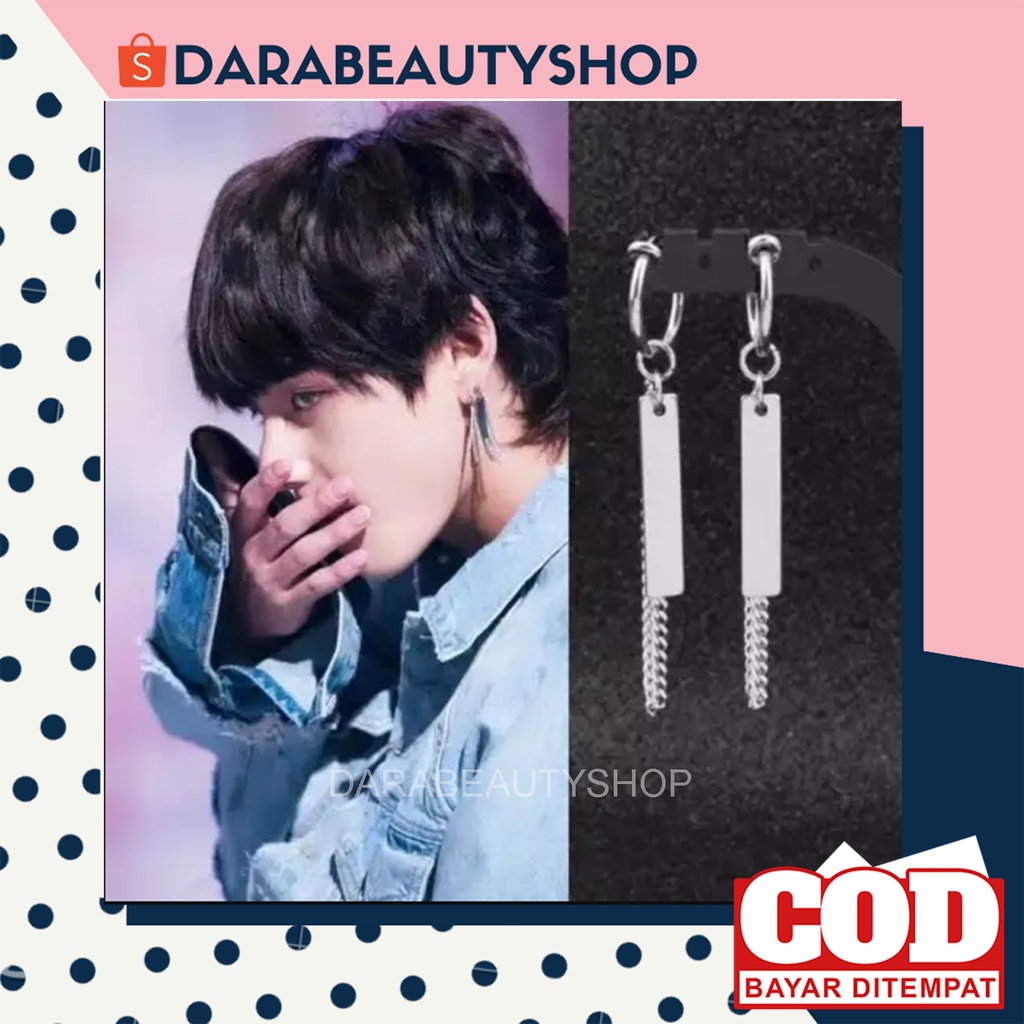 [COD] Anting BTS Tindik/Jepit Lapis Stainless Model BTS V Bandul Batang Kotak dan Rantai Fashion Korea KPOP