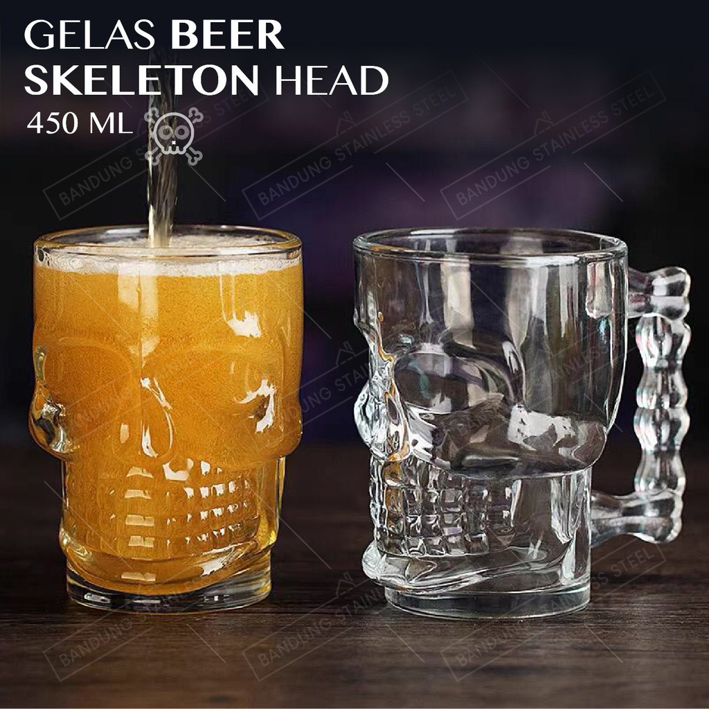 Gelas kaca 450ml tengkorak skeleton head beer bir mug