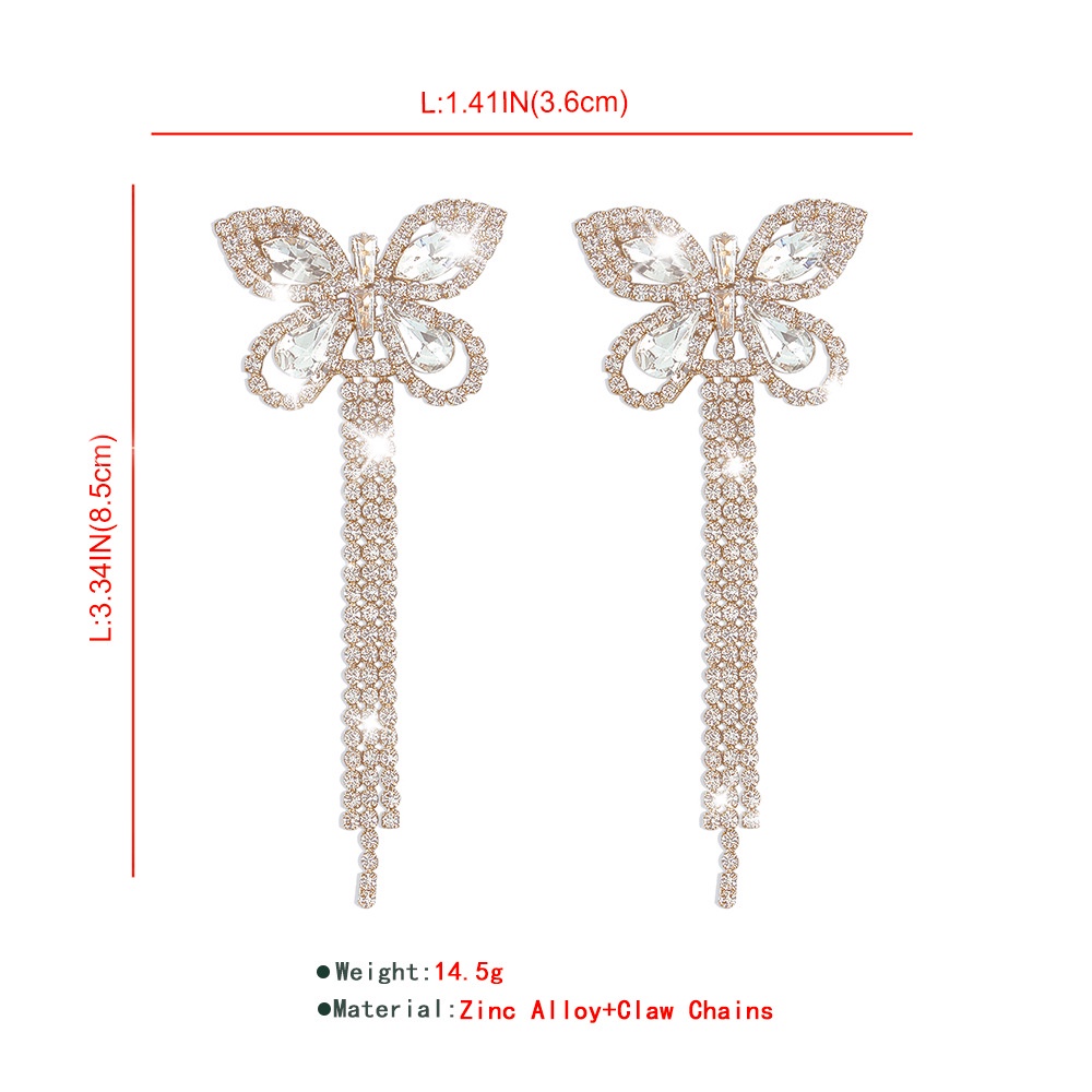 Cahaya Mewah Cakar Rantai Penuh Berlian Kupu-Kupu Rumbai Anting Temperamen Lady Earrings