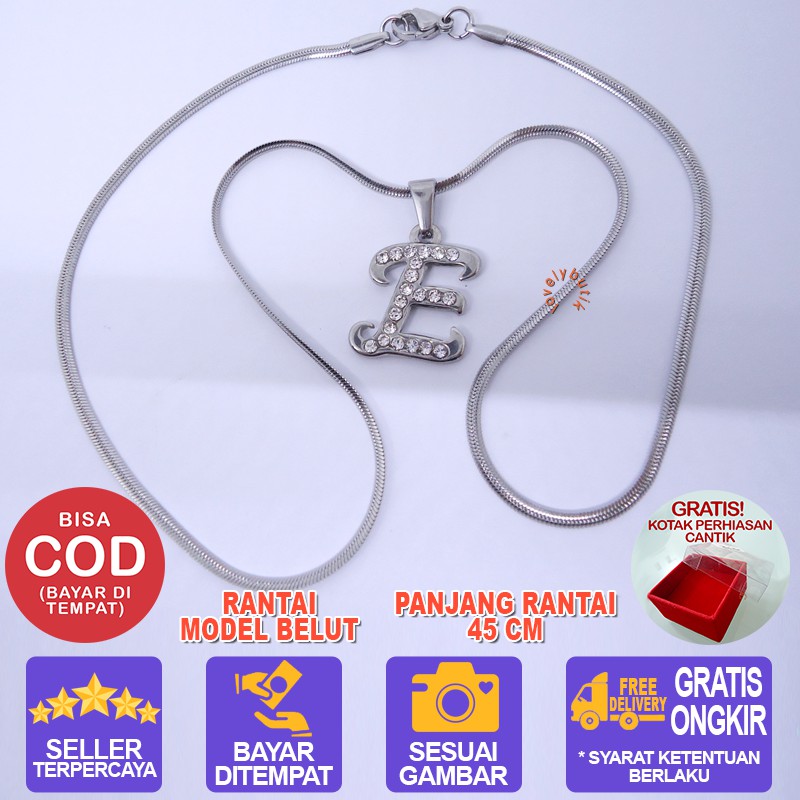 Lovelybutik Honey Kalung Huruf Titanium Anti Karat Inisial E Uk 45 cm BONUS KOTAK PERHIASAN