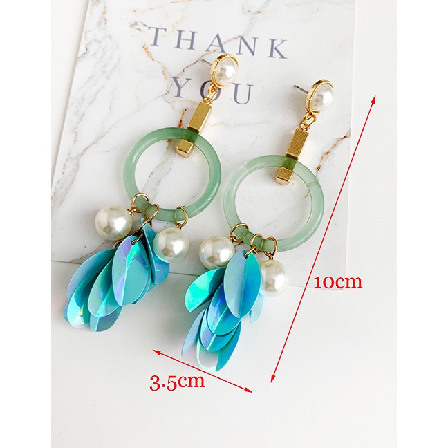 LRC Anting Tusuk Fashion Lake Blue Alloy Resin Pearl Sequin Tassel Earrings F76569