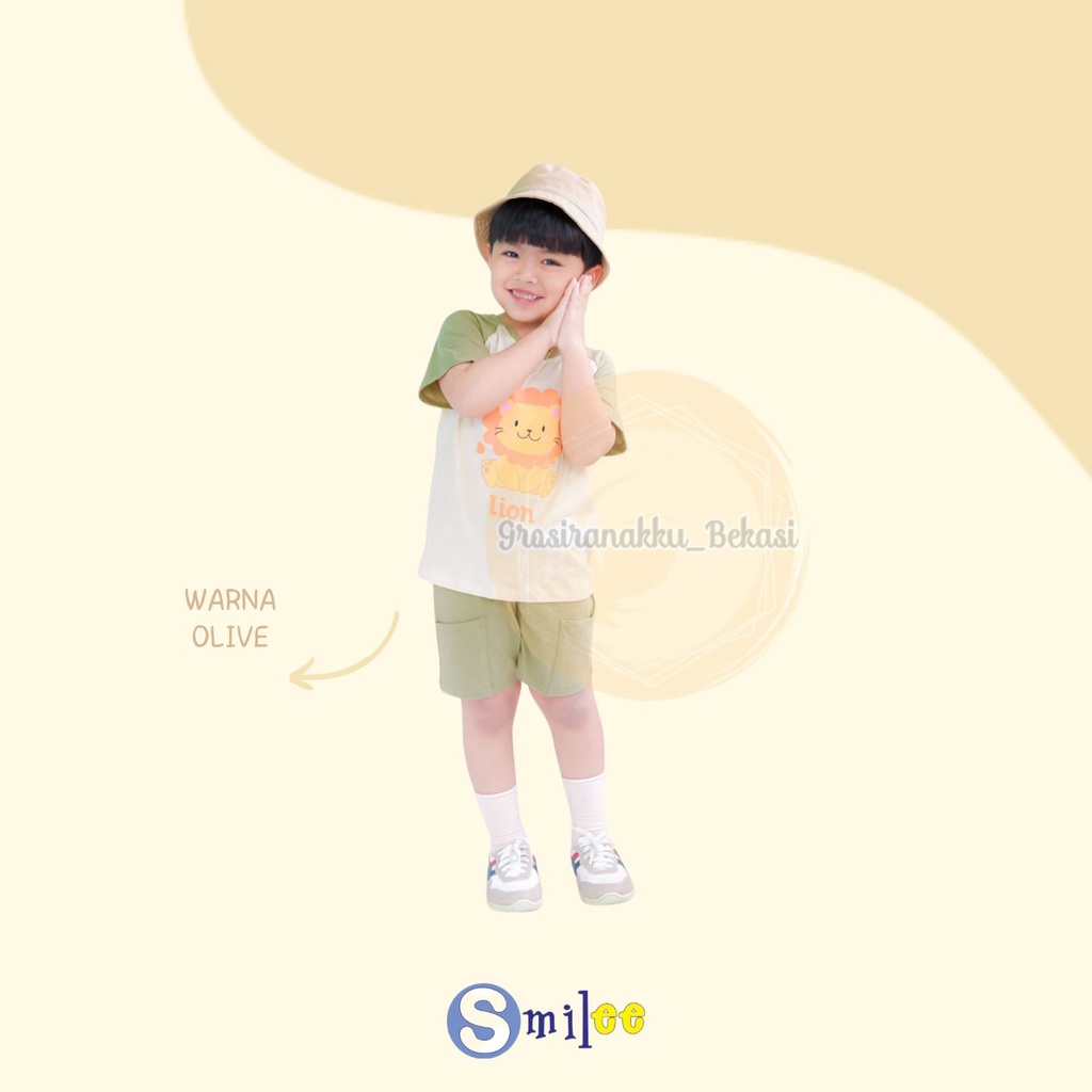 Setelan Anak Unisex Barney Smilee Warna Olive Lion Size 1-5 Thn