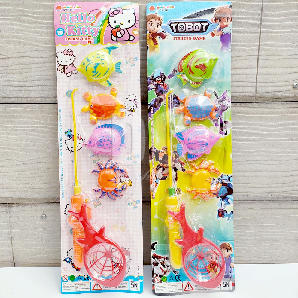 Fishing Game Karakter Hello Kitty Tobot Mainan Mancing 4 Ikan Magnet Joran Pancing Jaring