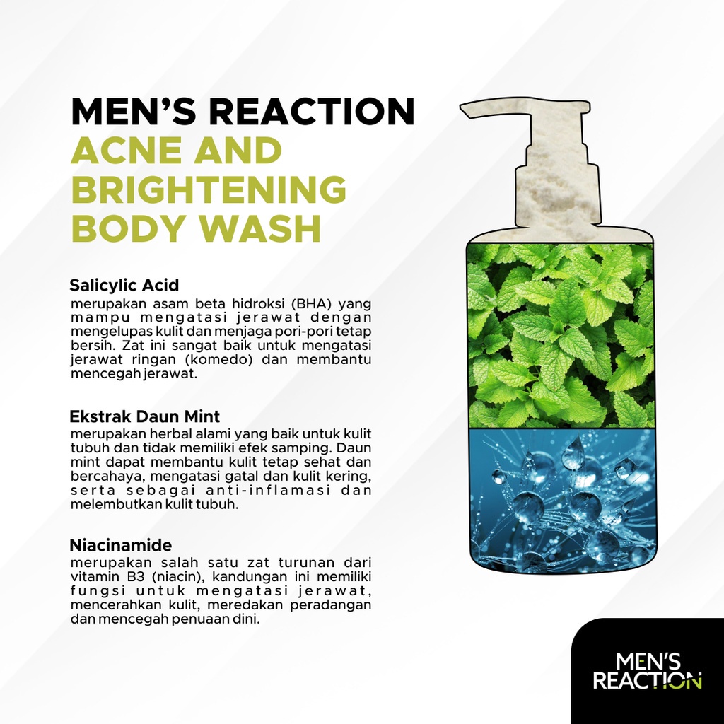 MENS REACTION ACNE &amp; BRIGHTENING BODY WASH sabun mandi cair botol penghilang menghilangkan pembersih pemutih perontok perawatan untuk jerawat dan bopeng bekas jerawat punggung acne whitening daki badan tubuh murah original bpom ampuh pria &amp; kecantikan