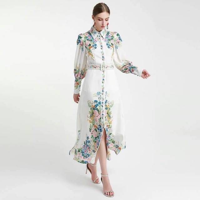 DRESS MAXI IMPORT REALPIC GAMIS WHITE FLOWER POLYESTER IMPORT BANGKOK