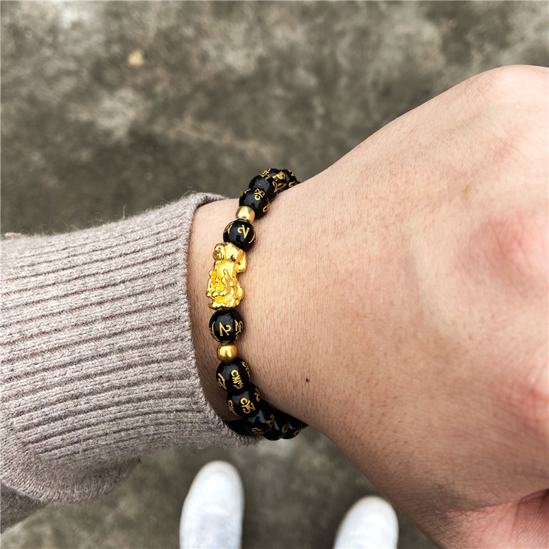 Unisex Wealth Feng Shui Obsidian Golden PIXIU Wealth Beads Bracelet Attract Wealth and Good Luck Jewelry Gift