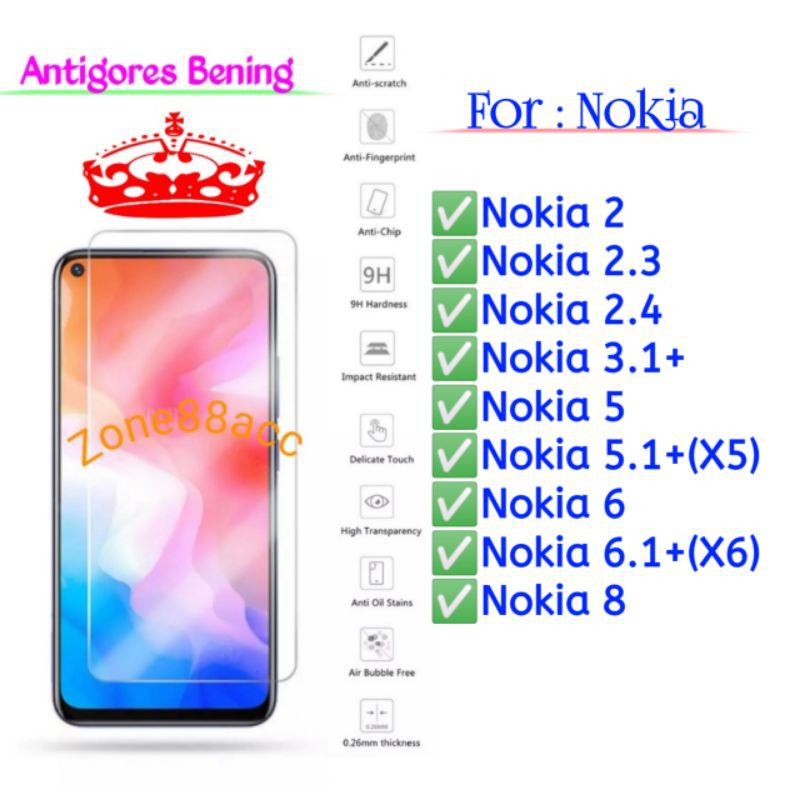 Nokia 2 2.3 2.4 3.1plus 5 5.1plus X5 6 6.1plus X6 8 Antigores Bening Tempered Glass Screen TG