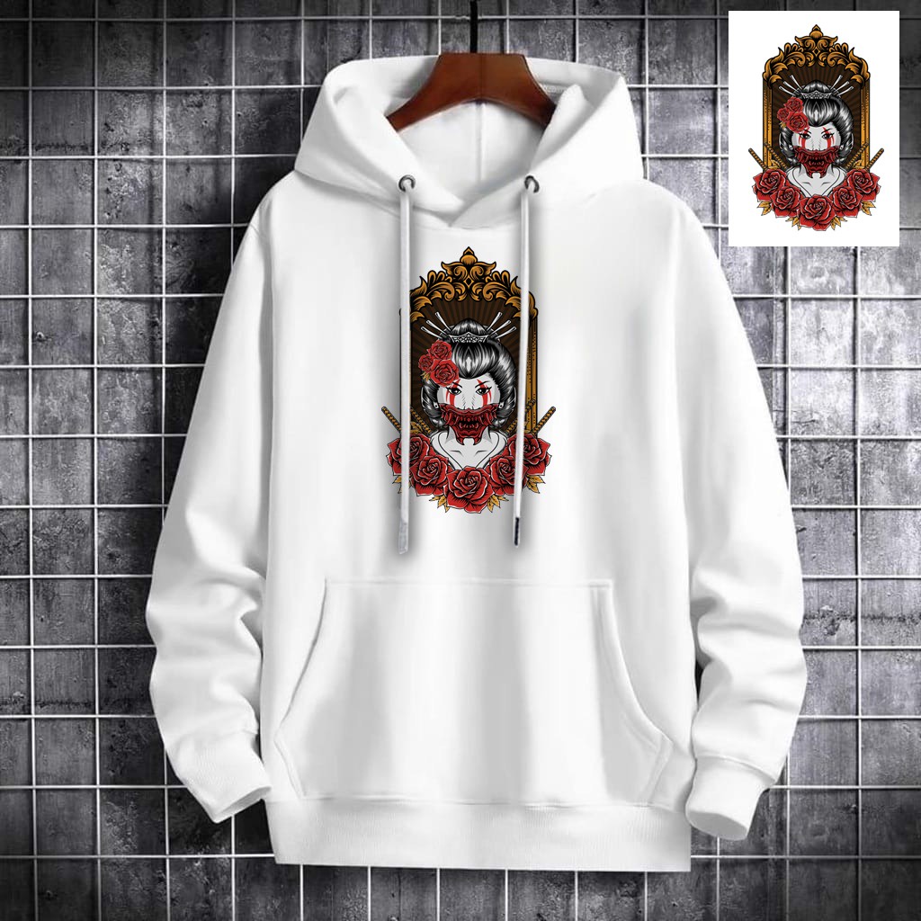 INDOSAN-SWEATER HOODIE GEISHA ROSE-HOODIE DISTRO BAHAN FLEECE MOTIF DTF PRINTING-REAL PICT-BISA COD