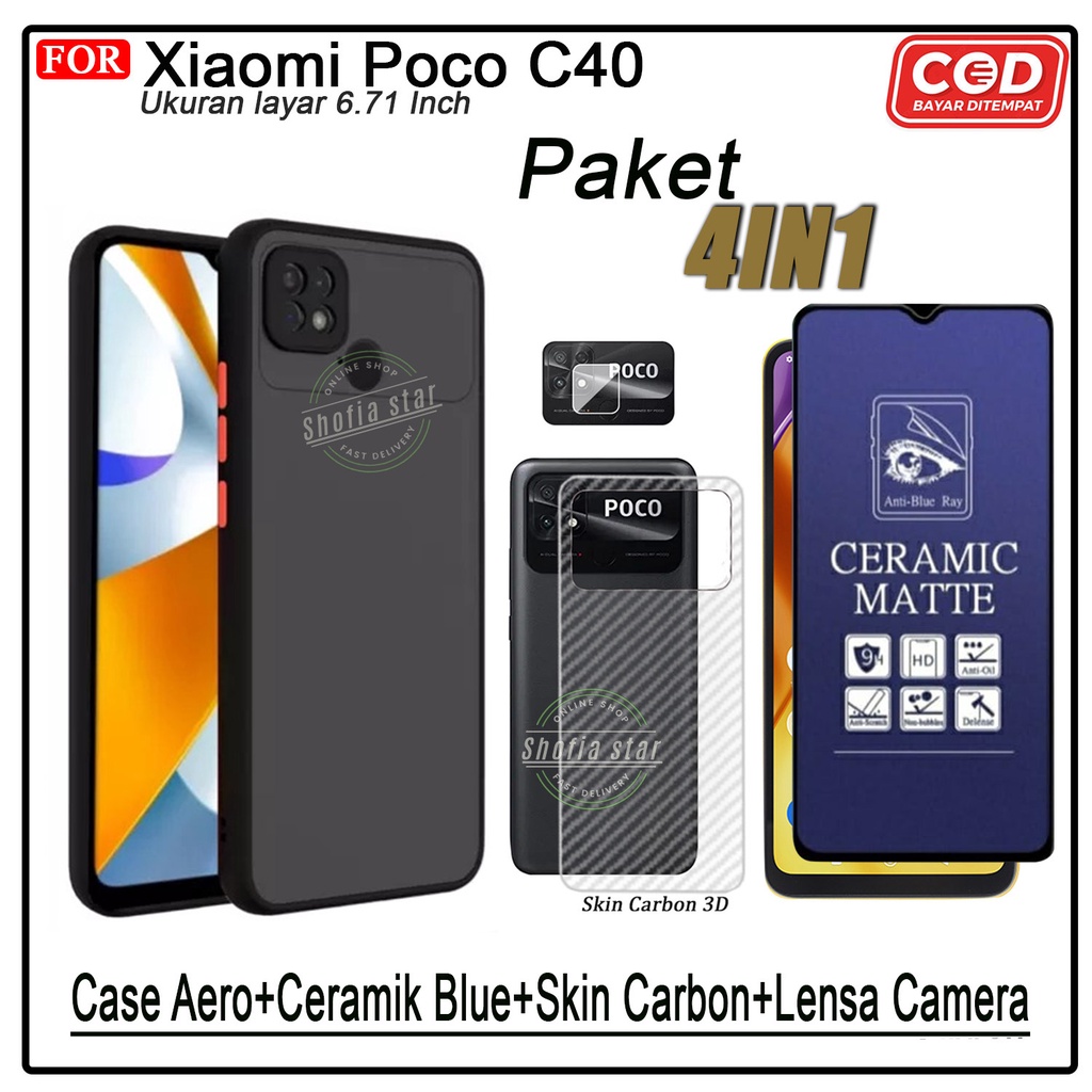 PAKET 4IN1 Case Xiaomi Poco C40 Softcase Aero Dove Black Transparan Protect Camera Premium Casing