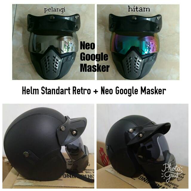 Helm Retro Hitam Kulit Neo Google Masker Clear Bening, Helm Retro Klasik Pelangi