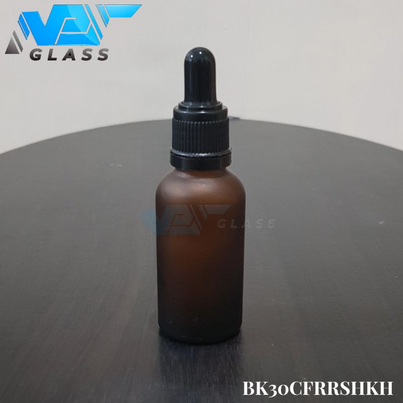 botol kaca pipet 30ml frosted doff coklat amber - ring segel hitam