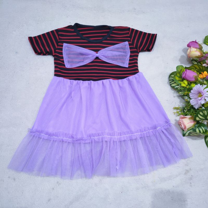 Dress Anak 7 8 9 Bulan - 1 Tahun cewek perempuan Gaun Pita tille ( Dress Hira Strip )