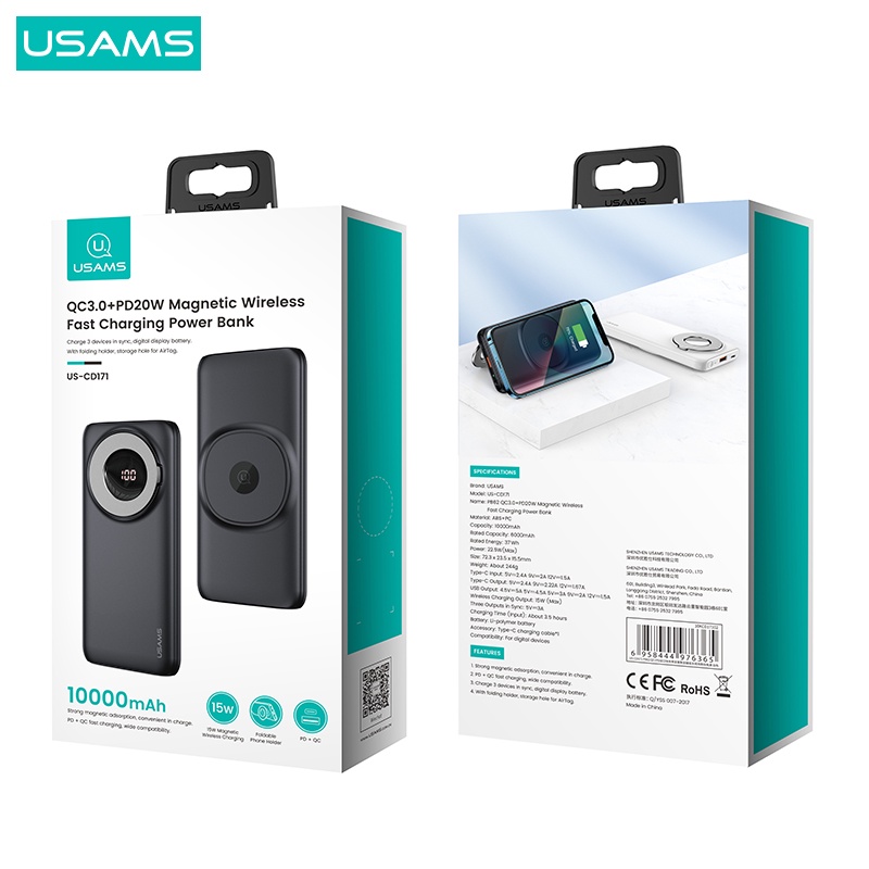 USAMS PB62 Powerbank 10000mAh Magnetic Wireless Fast Charging 20W