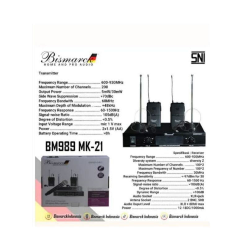Mic wireless Bismarck BM-989 MK-21, microphone wireless 1 heandheld + 1 clipon, garansi
