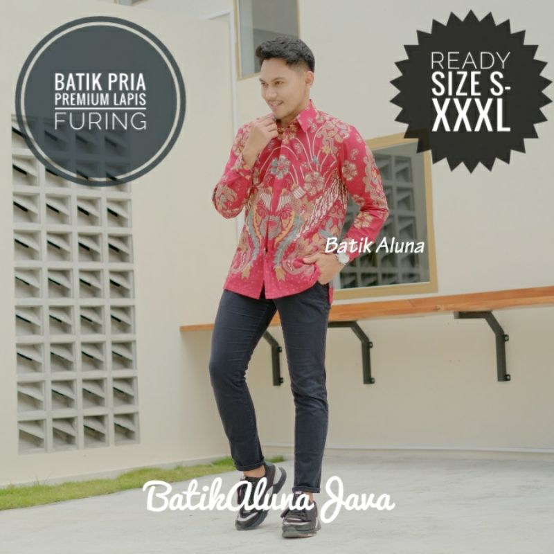 Baju Batik Cowok Tangan Panjang Keren Lapis Furing Premium Batik Aluna Warna Merah
