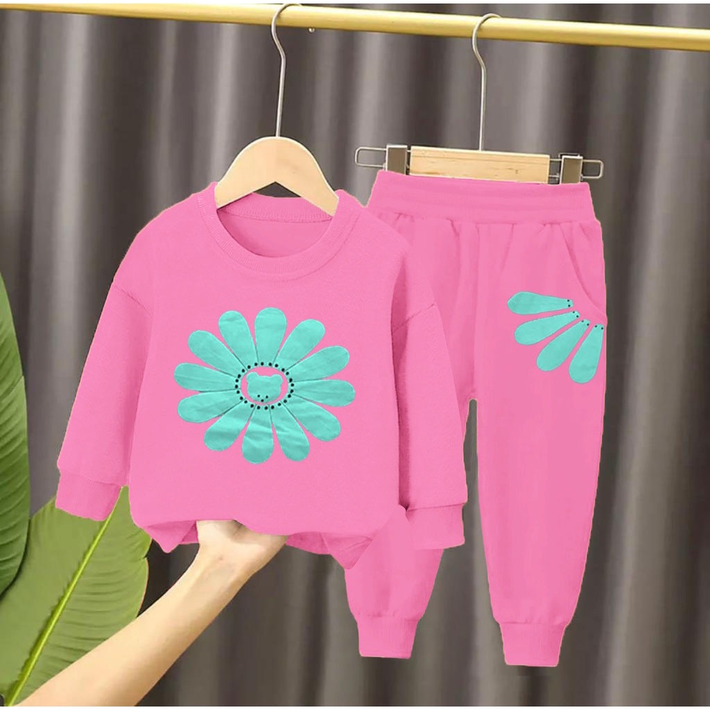 SETELAN SWEATER ANAK PEREMPUAN MOTIF SUN FLOWER 1-5 TAHUN SWEATER JOGGER ANAK BAJU ANAK SETELAN ANAK